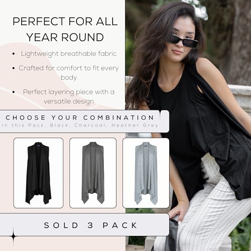 Image of Azules Sleeveless Cardigan for Women, Soft Lightweight Duster Open Front Sleeveless Long Cardigan Vest (3 Pack)