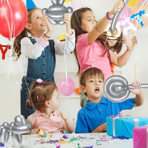Image of 260 Metallic Silver Long Balloons for Balloon Garland Thickening Skinny Latex Twisting Animals Modeling Christmas Birthday Wedding Party Festival Decorations 100pcs