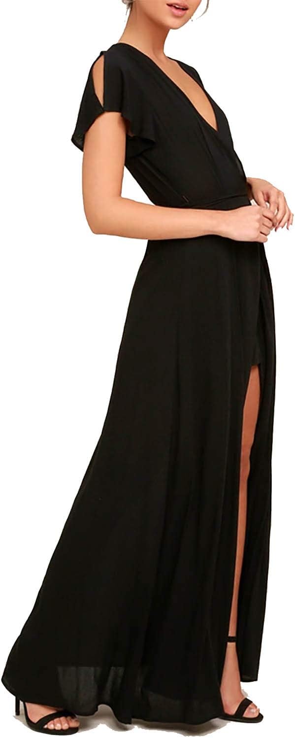Vivicastle Women's Sexy Long Sleeve Tulip Wrap Slit Front Full Long Maxi Dress