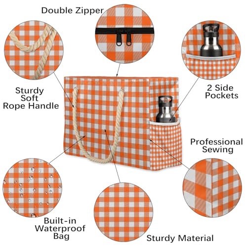 Orange Buffalo Plaid Tote Beach Bag for Women with Zipper Large Waterproof Sandproof Swim Pool Bag3