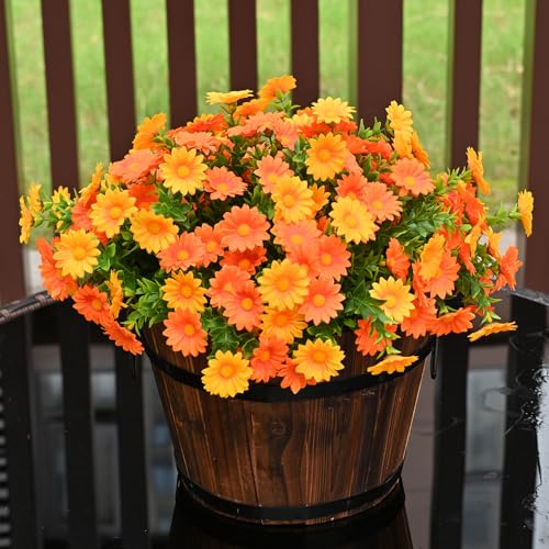Artificial Fake Flowers Plants for Outdoor Decoration, Faux Flower Yellow Orange Daisy with Eucalyptus Leaves for Planter Front Door Porch Patio Balcony Decoration, 10 Bundles
