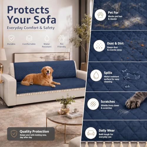 Image of Lukzer Quilted Sofa Cover Mat with Tassels for 5 Seater Sofa - Midnight Blue | Soft Washable Anti-Slip Protector for Living Room | Furniture Cover for Back-Seat Slipcover 3+1+1 Seat Cover /SC-191-5T