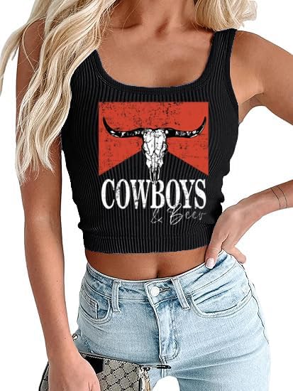 Women's Cowgirl Country Concert Sleeveless Cropped Tank Top Summer Casual Cowboy Shirt Western Graphic Top Cute Outfit
