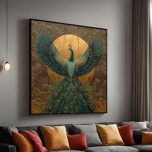 Tableau sur toile paon majestueux XINBAO 70x70 cm avec cadre intérieur pour salon