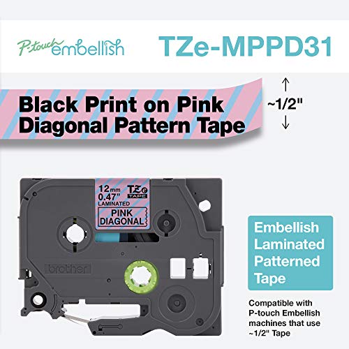 Image of Brother P-touch Embellish Black Print on Pink & Blue Diagonal Patterned Tape TZEMPPD31 - ~ inch Wide x 13.1' Long for use with P-touch Embellish Ribbon & Tape Printer