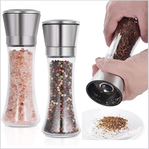 HOOPZOZA Manual Pepper Grinder Pepper Mill Sets Stainless Steel Kitchen Grinder with Adjustable Coarseness 2PCS Refillable Salt Pepper Grinder-Clear (A001-2)
