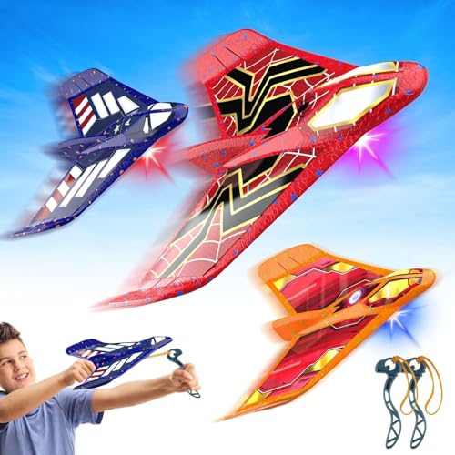 Avion Juguete, Lanzador de Aviones de Poliespan, Avión Espuma Volador Corcho Planeador con Luces, Juegos Exterior al Aire Libre Jardin Regalos Navidad Cumpleaños para Niños Niñas 3 4 5 6 7 8 9 10 Años