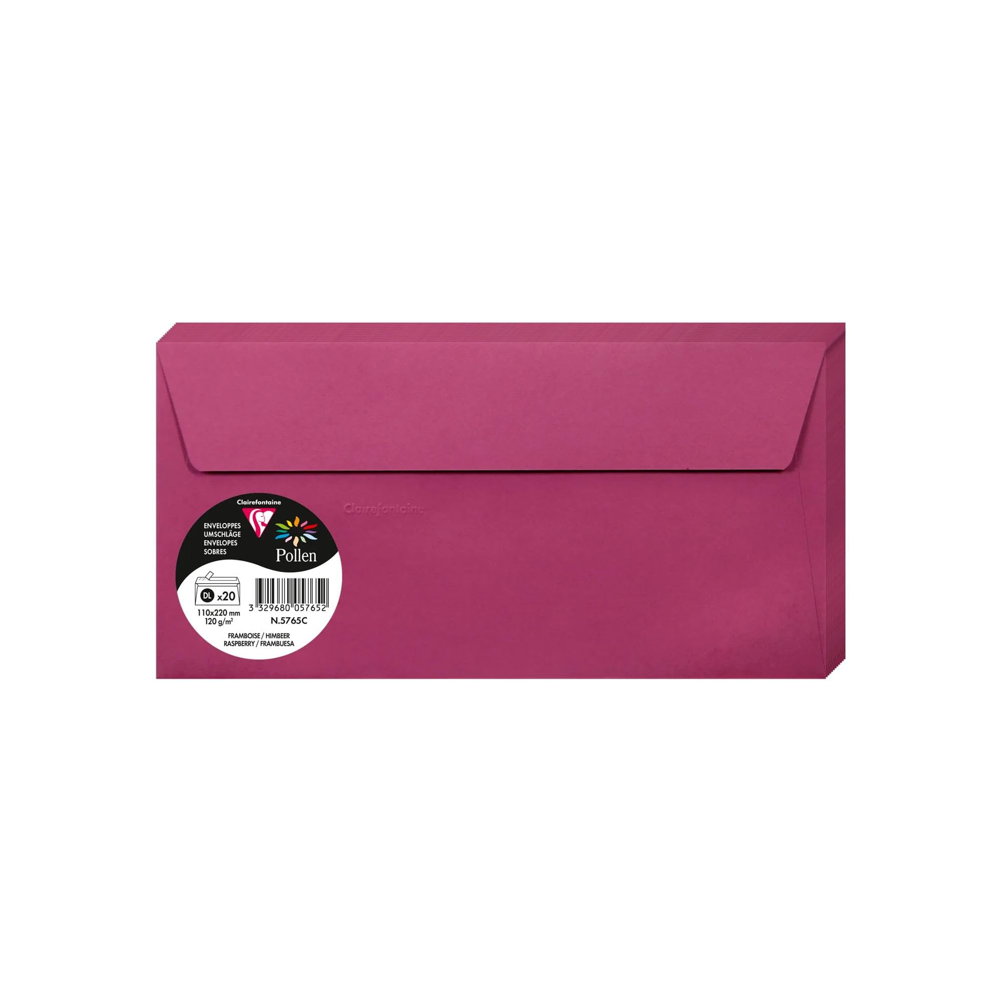 Clairefontaine 5765C Pack of 20 Self-Adhesive Envelopes DL 11x22cm 120gsm colour Raspberry Invitation Events Correspondence Pollen Range Premium Smooth Paper