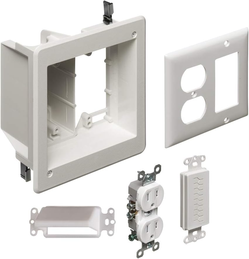 Arlington TVBR505K-1 TV Box Recessed Kit with Outlet and Wall Plates, 2-Gang, White, 1-Pack