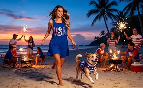Image of Roshop Womens Juneteenth Flag Sleeveless Dress 4th of July Patriotic Swing Sundress with Pockets