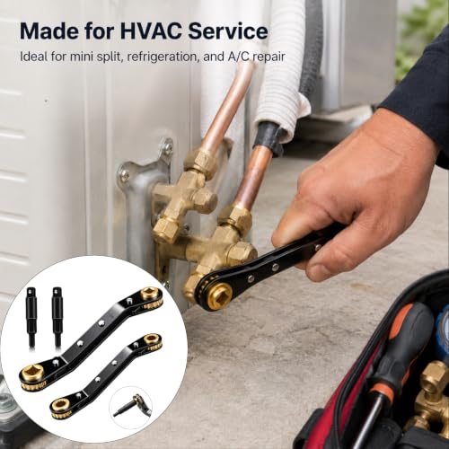Image of HVAC Service Wrench,3 /16 inch-3 /8 inch 5 /16 inch x 1 /4 inchValve Wrench with Hex Adapters | HVAC Tools, Dual Head Ratchet Design, 4 Size Valve Wrench, Hex Bit Adapter Kit, AC Refrigeration Repair