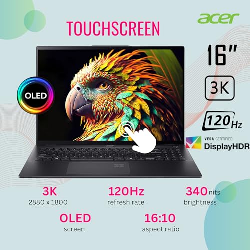 Image of acer Swift 16 AI Laptop, 16 inch 120Hz 3K OLED Touchscreen, Core Ultra 7 256V(4.80 GHz, >i9-12900K), Copilot PC, Backlit Keyboard, Fingerprint, Wi-Fi 7, Windows 11 Pro, Black(16GB DDR5 RAM | 1TB SSD)