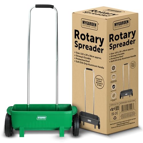 My Garden Lawn Spreader 12 Litre Rotary Seed Grit Salt Spreader with Protective Roof & 110CM Long Handle Grass Spreaders on Wheels Adjustable Speed Rate On/Off Ideal for Garden Outdoor Pathways