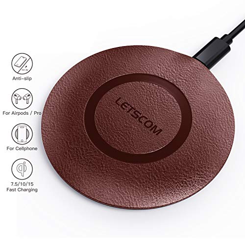LETSCOM 15W Wireless Charger,Leather Surface Qi-Certified Fast Wireless Charging Pad Ultra Slim,Compatible with iPhone 11/11 Pro/XS Max/XR/XS/X/8/8+/Airpods,Galaxy Note 10/Note 10+/S10/S10+