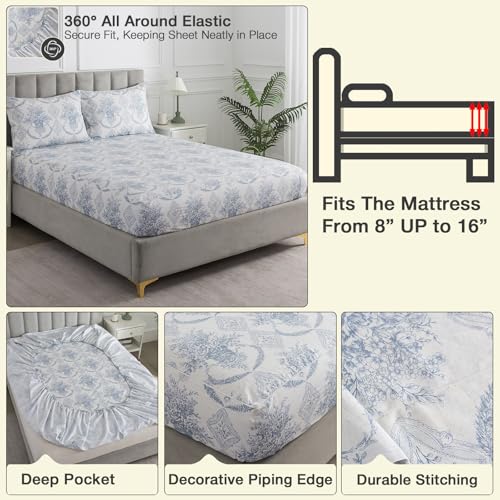 Image of Blue-Grey Floral Boho Sheets, Queen 100% Cotton Percale Cream White Vintage Sheet Set, Shabby Flower Chic Deep Pocket Cozy House Bed Sheets, Soft Crisp Designer Luxury Toile Bedding, 4Pcs