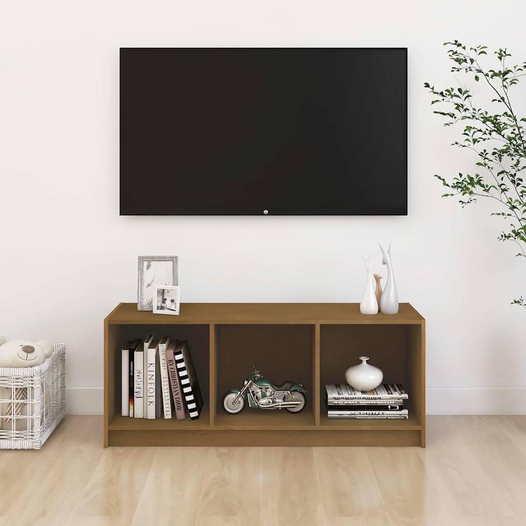 Szafka pod telewizor miodowo-brązowa, 104 x 33 x 41 cm, wykonana z litego drewna sosnowego, szafka pod telewizor, schowek do salonu, kina domowego