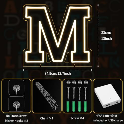 Image of Light Up Letters M, Led Marquee Letter Lights Neon Sign, 13 inch Height Decorative Lighted Alphabet Number, Battery /USB Powered Led Letters Lights for Wedding, Birthday, Party, Christmas or Home Decor