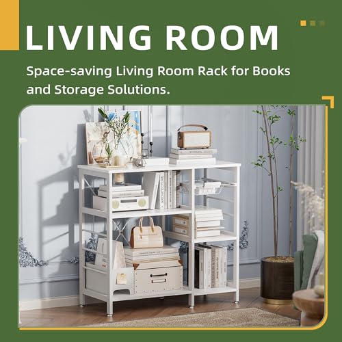 Scaffale da cucina, supporto per forno a microonde con struttura in bambù, barra da caffè da 90 cm con cestino in filo e 6 ganci per cucina, soggiorno, ufficio, Bianco - immagine 5