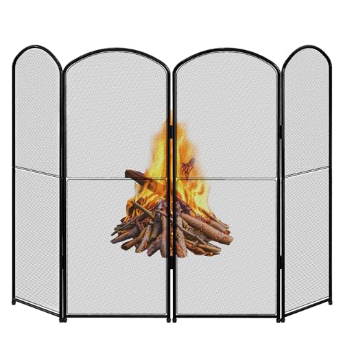 HEOMU Fireplace Screen Stand Black 4 Panel Foldable Decorative Fireplace Screen Fireplace Cover,Metal Fire Spark Guard Cover for Home Indoor Fireplace,47.8
