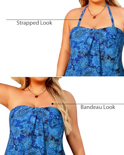 Image of Plus Size Bandeau Tankini 2 Piece Halter Swimsuit with Shorts | Flyaway,Quick Dry,Strapless,Removable Cups,High Waisted Short