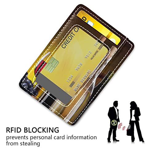 Oyihfvs Still Life with Wine Bottles, Glasses Oak Barrels Retro Style Slim Minimalist Wallet, Front Pocket RFID Leather Blocking Card Holder Case for Men Women Girls Ladies, Stylish Printing Gift3
