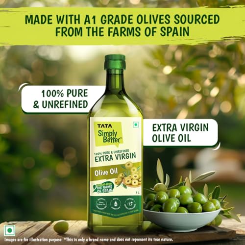 Image of Tata Simply Better Pure & Unrefined Extra Virgin Olive Oil, A1 Grade Olives From The Farms of Spain, Cold Press Extraction, Cholesterol & Trans Fat-Free, Natural Antioxidants, Rich in Vitamin E & K