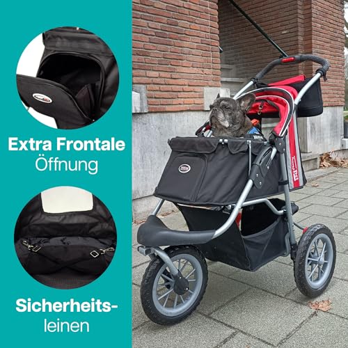 Hundewagen/Katzenwagen - Innopet Comfort EFA Eco schwarz/rot – faltbarer Hundebuggy für Waldwege & Strand, geländegängig, pannensichere 30cm Räder – 2 Leinen innen - Haustierwagen