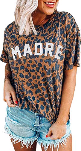 Womens Madre Leopard Print T-Shirts Short Sleeve Mama Shirts Cheetah Mom Graphic Tees Tops L Madre