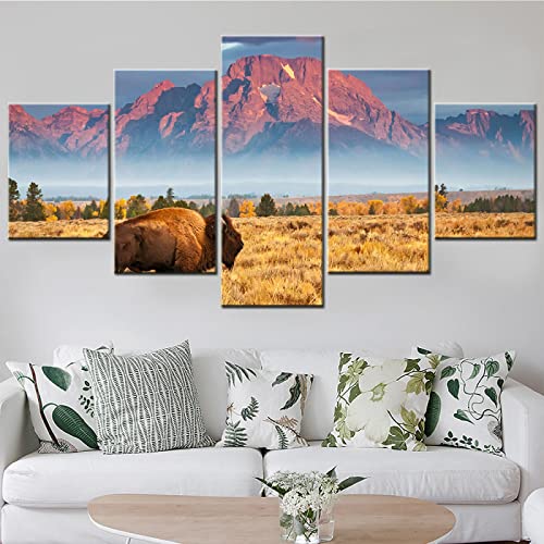 Stampe su canvas wall art bison grand telon national park wall art canvas set dipinti di paesaggi per interni poster di animali sul muro decorazione della casa senza cornice 50x25cm