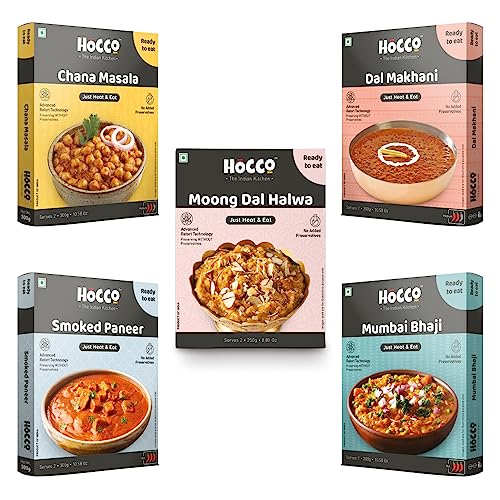 HOCCO Ready to Eat Combo of Chana Masala, Mumbai Bhaji, Dal Makhani, Smoked Paneer, Moong Dal Halwa (Pack of 1 Each)
