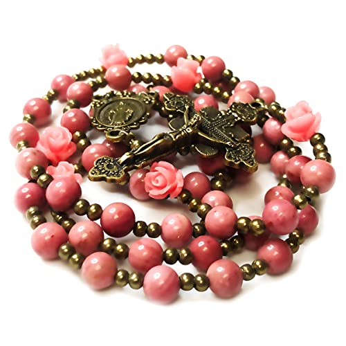 Pink Rhodonite Stone and Rose Rosary Beads for Women - Catholic Gifts With Our Lady of Graces Medal Centerpiece - Rosary Necklace