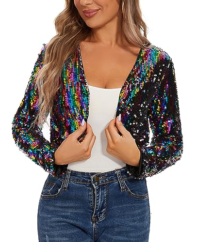 MINTLIMIT Women's Sequin Shrug Party Long Sleeve Open Front Cropped Bolero Cardigan (Mehrfarbig S)