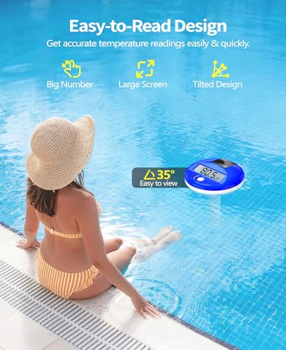 Sinbyuer 2026 Thermomètre solaire numérique de la piscine avec corde LCD Affichage & Thermomètre flottant de la piscine à grands nombres haute précision & IP68 Pools étanches Gauge de température pour Hot Tub, Spa