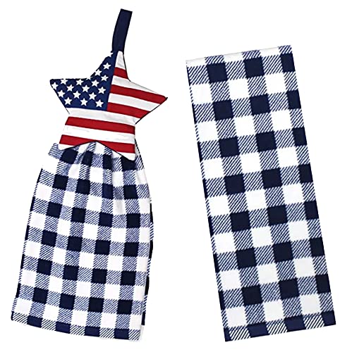 Celebrate Patriotic Kitchen Towels, Set Of 2 Coordinating Cotton Terry Dishtowels, Red, White, Blue Flag Star Tie Top And Blue White Buffalo Plaid For 4Th Of July, Memorial Or Labor Day #TOP16