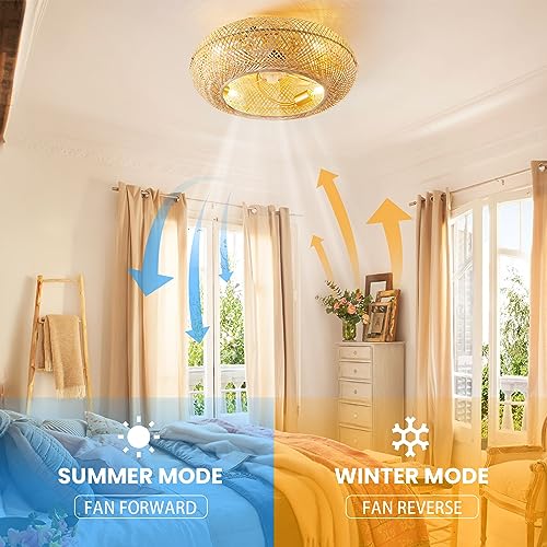 luansky Rattan Ceiling Fan with Light Flush Mount, 20 Inch Enclosed Boho Ceiling Fans with Lights and Remote Control, Coastal Caged with 6 Speeds for Bedroom Living Room Kitchen, E26 Base, Indoor-Gold - Image 6