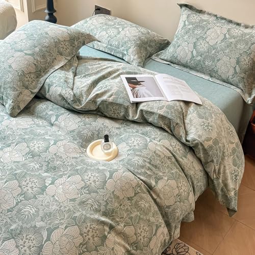 VM VOUGEMARKET Sage Green Duvet Cover Queen with Jacquard Flower Pattern Linen Cotton Yarn-Dyed Textured Duvet/Comfoter Cover Set,Moisture Wicking Retro Bedding Set for Adults