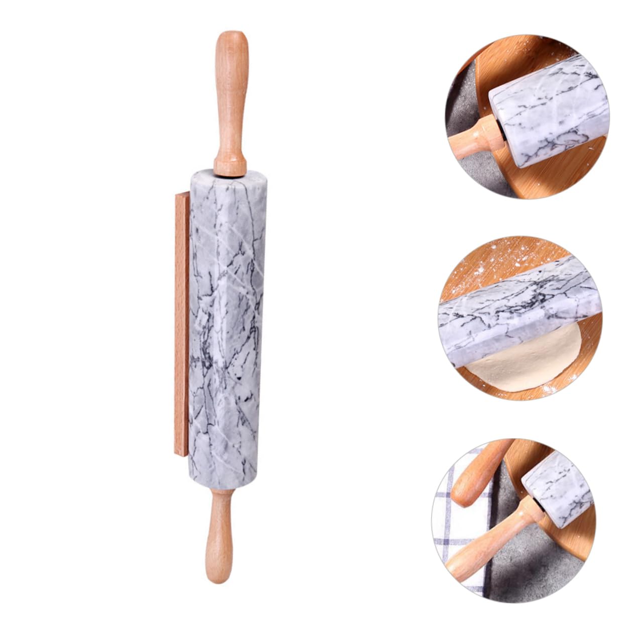 Mattarello in Marmo Naturale Manico in Legno, Superficie Antiaderente, per Cucina e Ravioli, Pratico e Multiuso