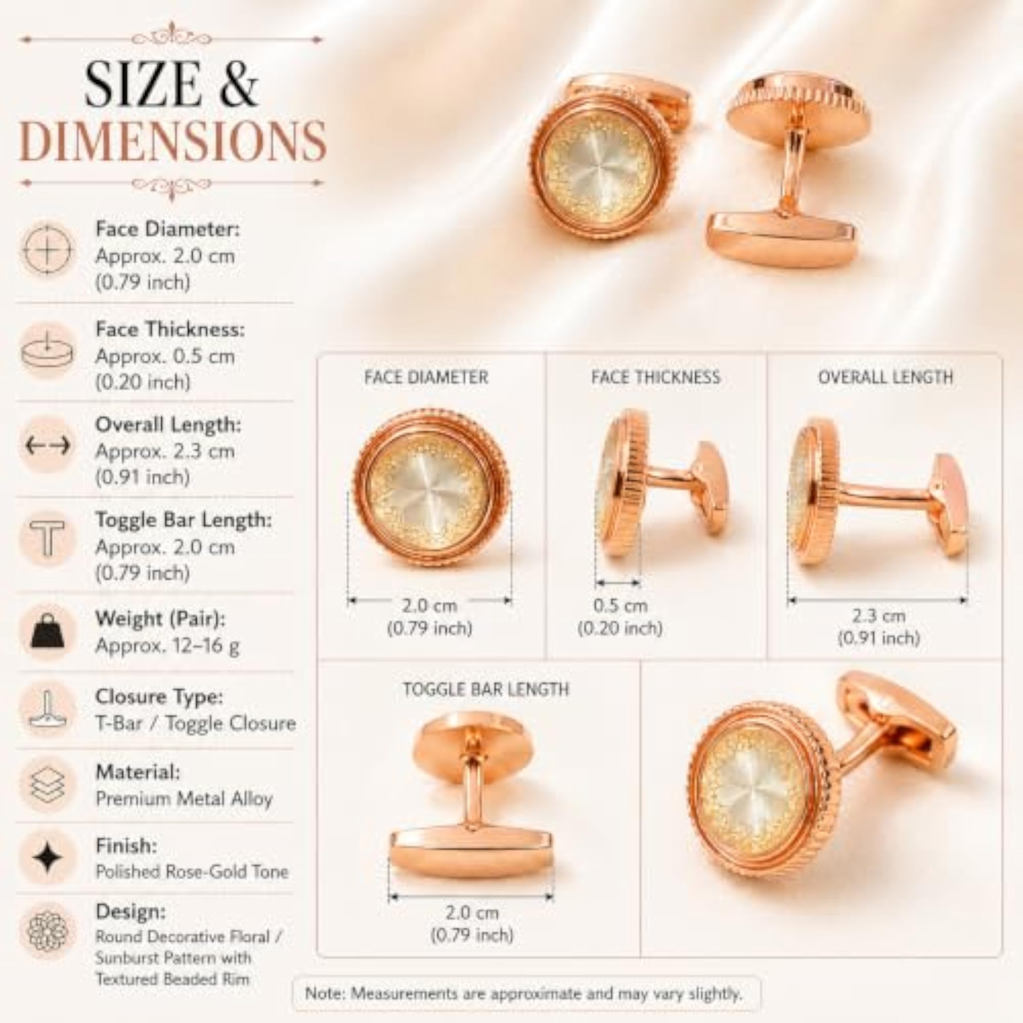 Men's Round Rose-Gold Tone Cufflinks with Floral Sunburst Pattern