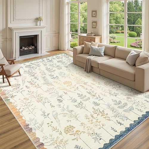 GarveeHome Washable 10x13 Area Rugs for Living Room, Modern Floral Rugs for Bedroom Non Slip, Soft Neutral Indoor Floor Carpet for Dining Room Home Office Kids Playroom Foyer Farmhouse,Beige