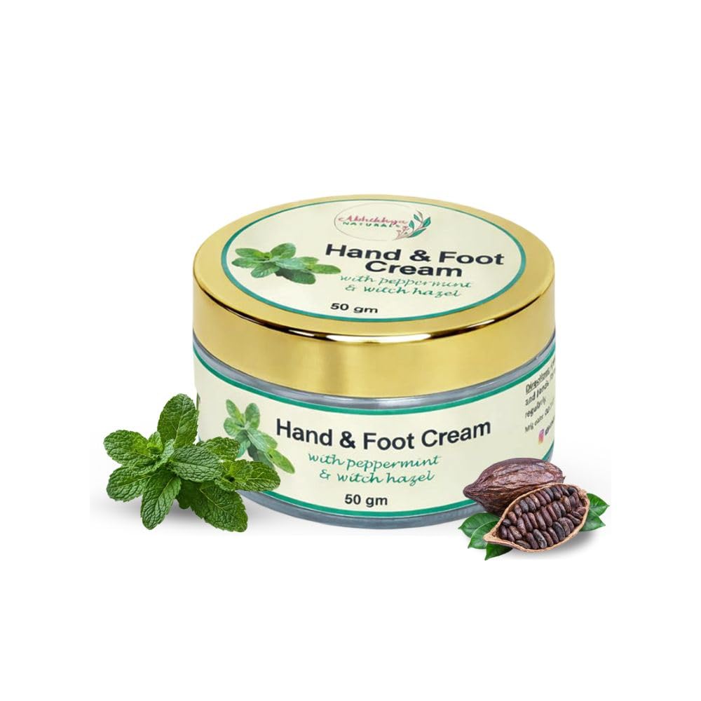 Abhikhya Naturals Hand & Foot Cream with Peppermint & Witch Hazel | 50 gm | For Rough Hands & Cracked Heels | Deeply Moisturizes Dry Skin | Non greasy, Lightweight enriched with Cocoa Butter