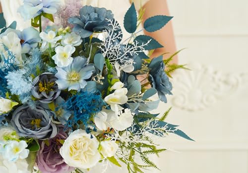 Ramo rústico boho blanco y azul para boda miniatura 4
