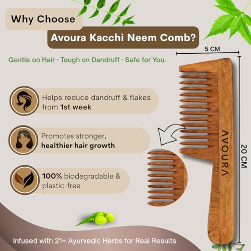 Image of Neem Wooden Hair Care Set (2-in-1), Soaked in 21+ Herbs Amla & Bhringraj Oils | Anti-Static Detangling, Reduces Dandruff, Frizz & Breakage(Wooden Hair Brush & Wide Tooth Comb)