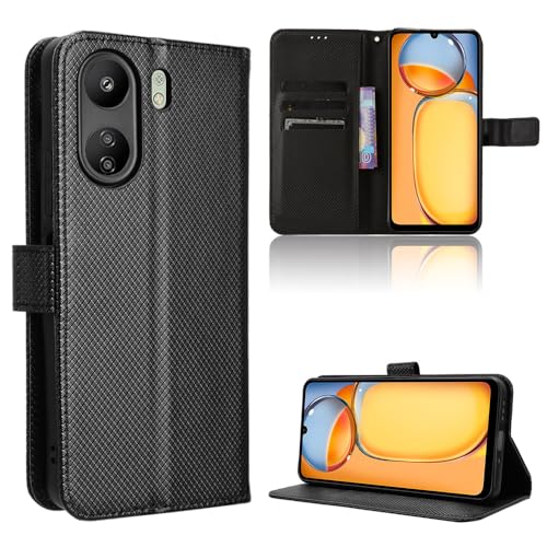 Rojeuinn Hülle für Xiaomi Poco C65/Redmi 13C Handyhülle-Hülle Stoßfest Case Cover-Handy Case in Premium Kohlefaser [Klappbar Flip] [Standfunktion Tasche] -Schwarz