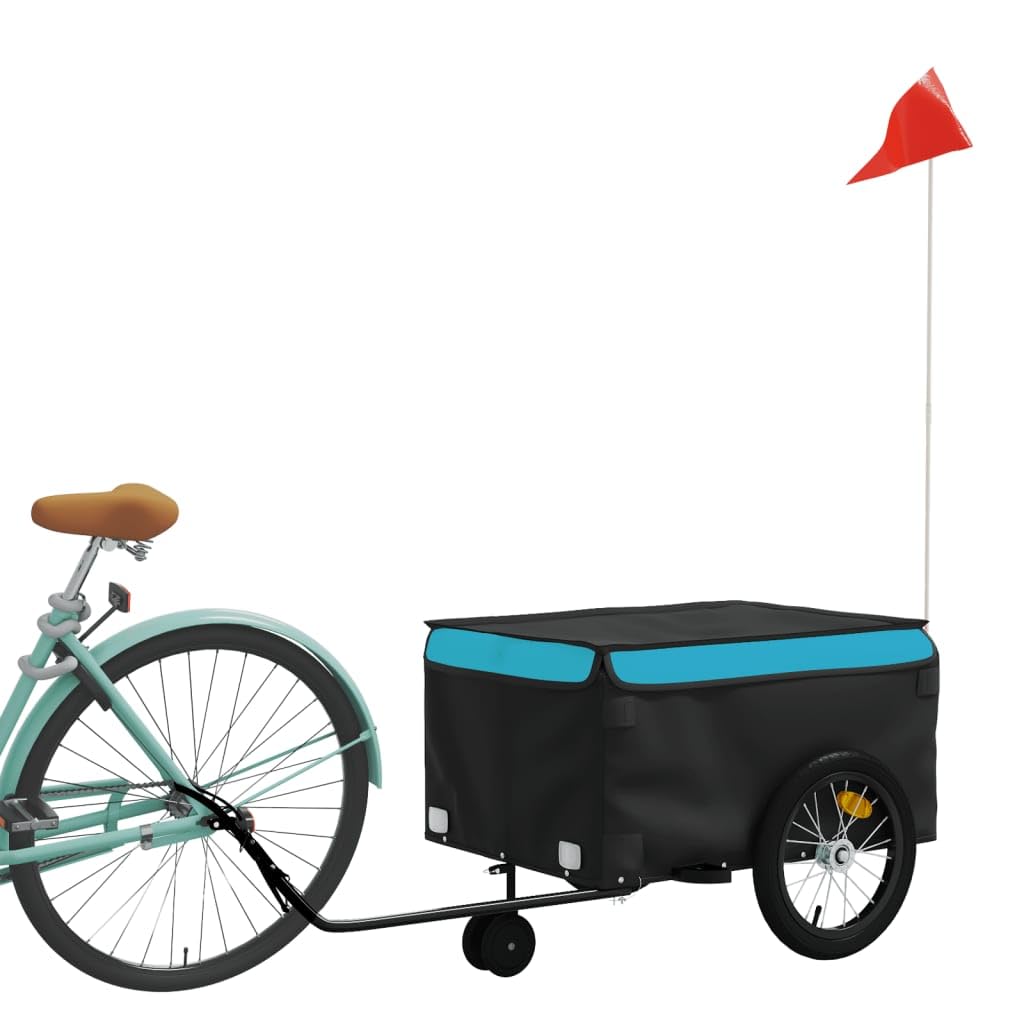 Rimorchio per bicicletta nero e blu in ferro con 45 kg, gancio di traino e bandiera di sicurezza, robusto per carichi bagagli, cani, bambini, all'aperto e vita quotidiana