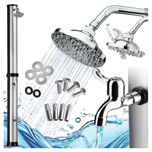 Tectake® Ducha Exterior Jardin, Resistente A La Intemperie, Temperaturas Altas, Alcachofa 360°, Grifo De Ducha Jardin Para Pies, Conexión Para Manguera, Ducha Solar Exterior - 38 L Negro/Plata