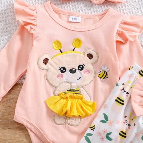 Newborn Infant Baby Girl Outfits Ruffle Bear Long Sleeve Romper Bodysuit Tops Flared Pants Set Bell Bottom Clothes4