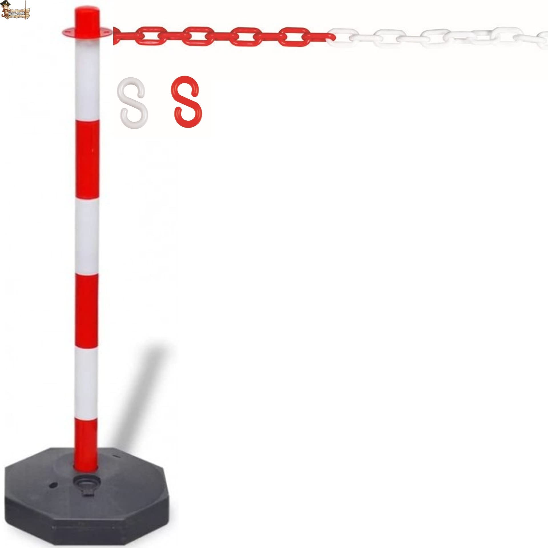 BricoLoco.com Poste señalización y balizamiento para cadena. FLUORESCENTE. Pack 8 uds. ¡¡¡ CADENA PLÁSTICO INCLUIDA !!!. Baliza poste separador de filas para eventos. Rojo y blanco de 87 cms. (8)