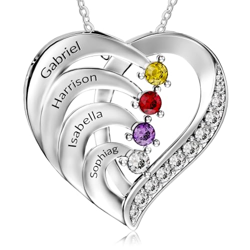 Easycosy Collier Personnalisé Prénom avec Pierres de Naissance Collier Gravé 1-4 Nom Collier Pendentif Cœur Bijoux Personnalisé Cadeau Anniversaire Maman...