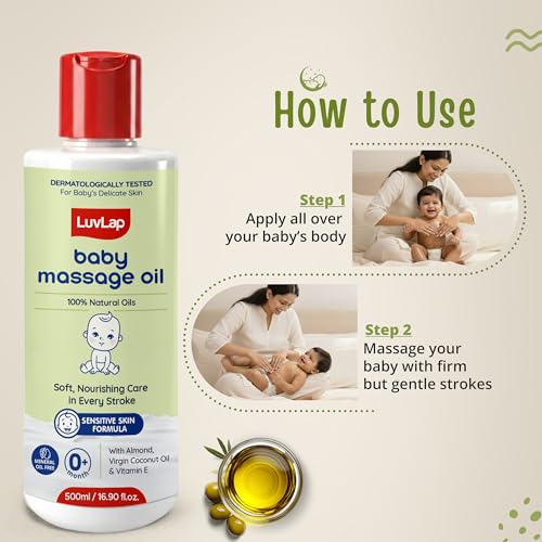 Image of LuvLap Baby Massage Oil with Almond, Virgin Coconut Oil & Vitamin E, Deep Nourishing, Skin Repair & Relaxation, Ayurvedic Non-Sticky Oil for Soft New Born Skin, 100% Natural, Derma Safe, 500ml