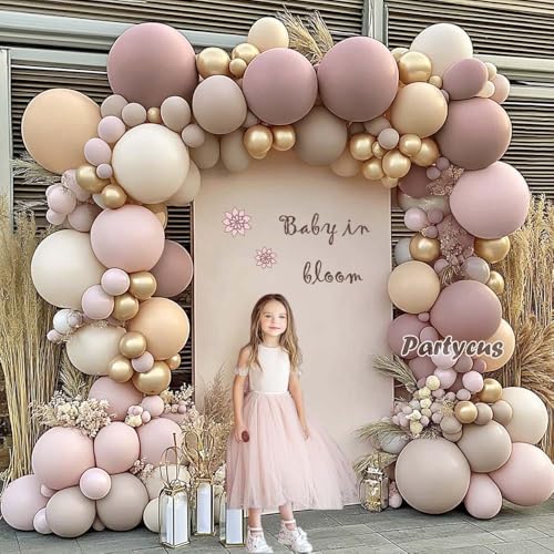 Image of Dusty Light Pink Beige Balloon Arch Double Stuffed Mauve Blush Nude White Cream Matte Balloon Garland Kit for Boho Baby Shower Birthday Baby in Bloom Bridal Wedding Valentine Party Decoration